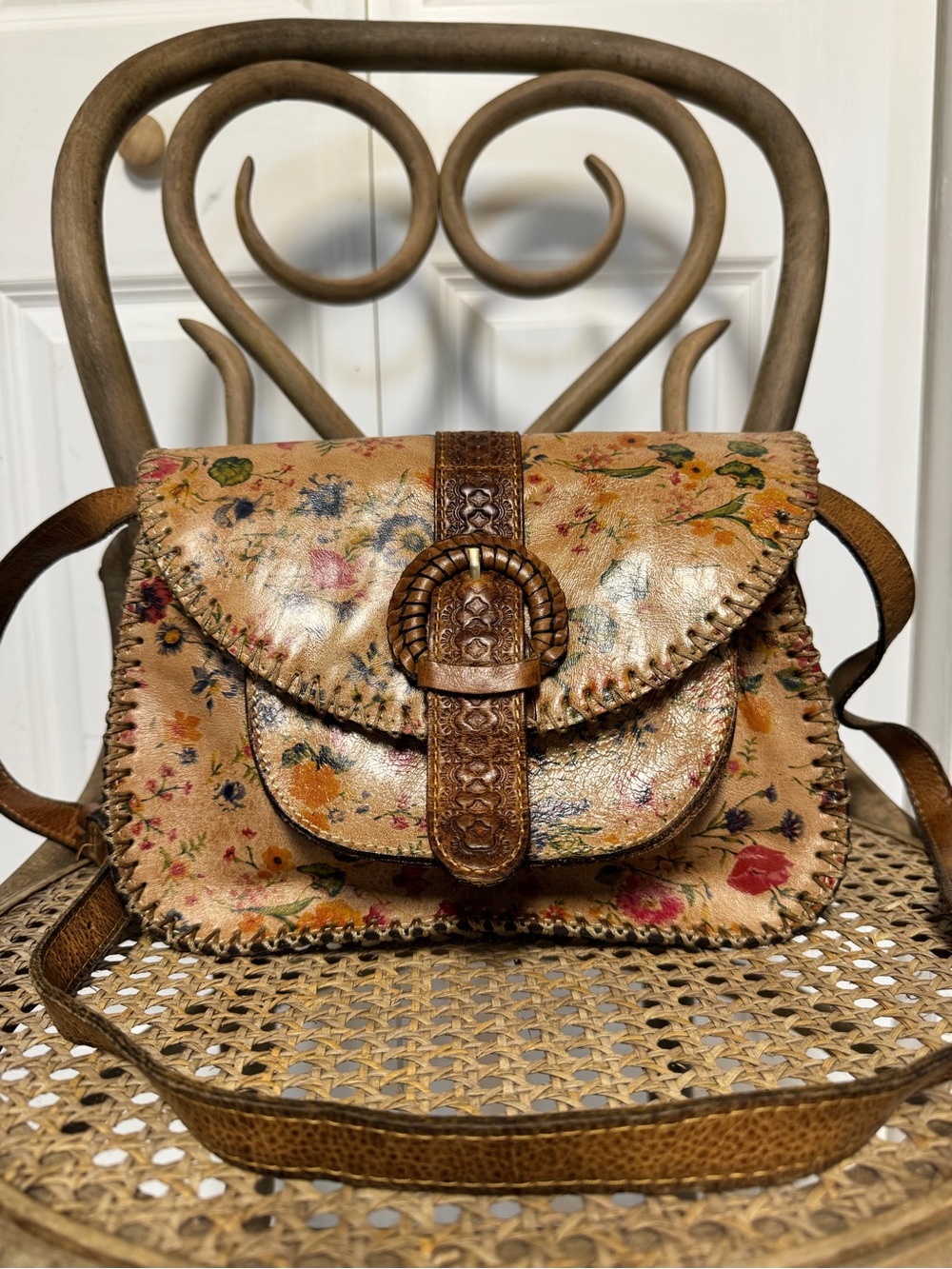 Floral Leather Crossbody Bag in Tan with Brown Accents- Patricia Nash